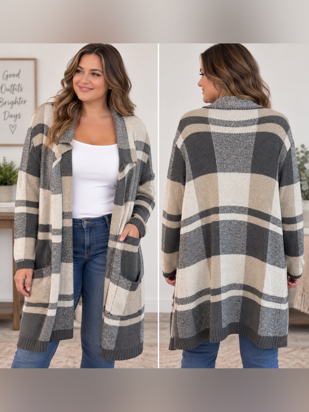 Lily Morgan L/G Plaid Long Open Front Cardigan Sweater